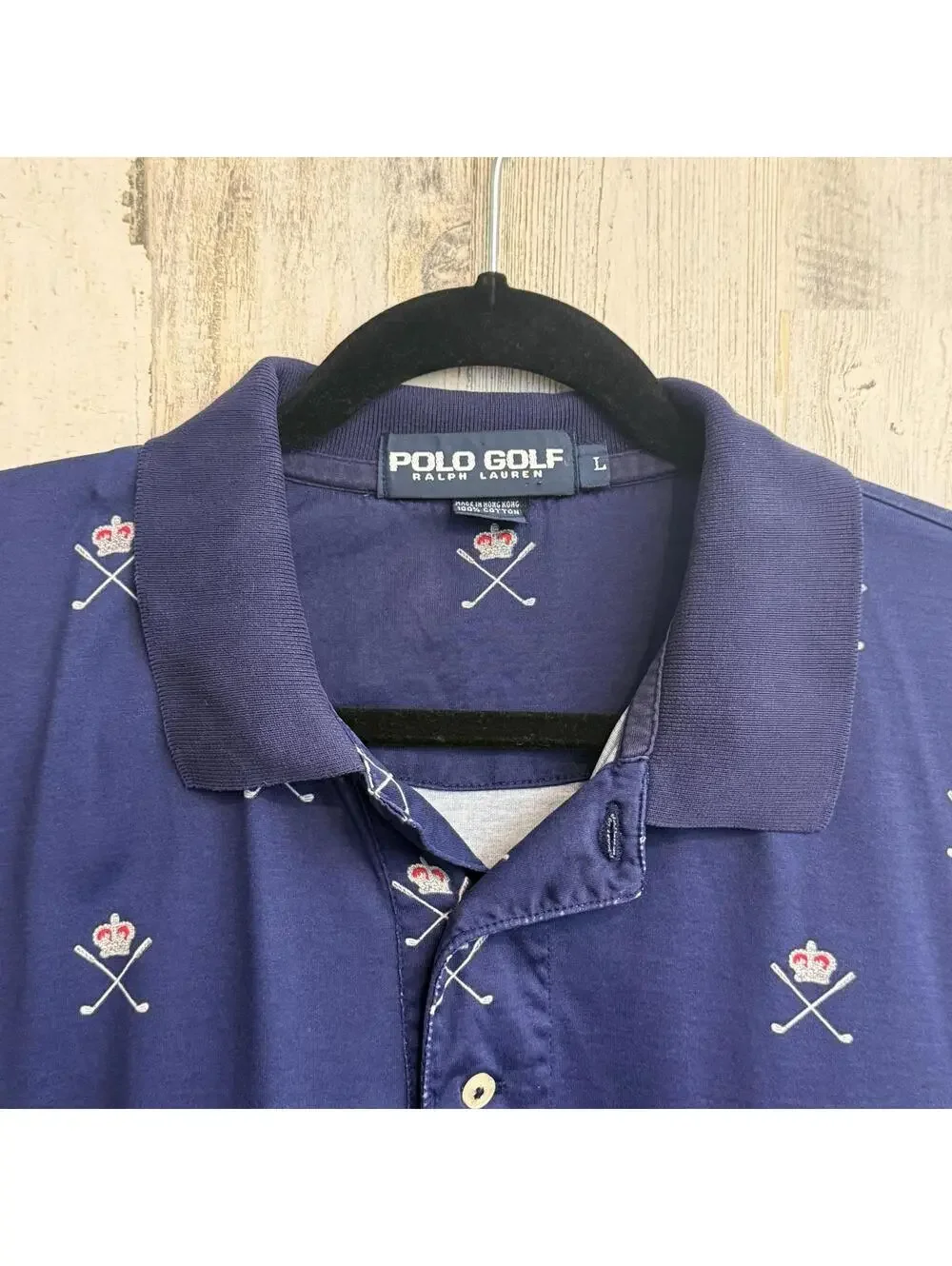 Vintage Polo Golf Ralph Lauren Men's Large Crown Clubs Shirt Missing Top Button